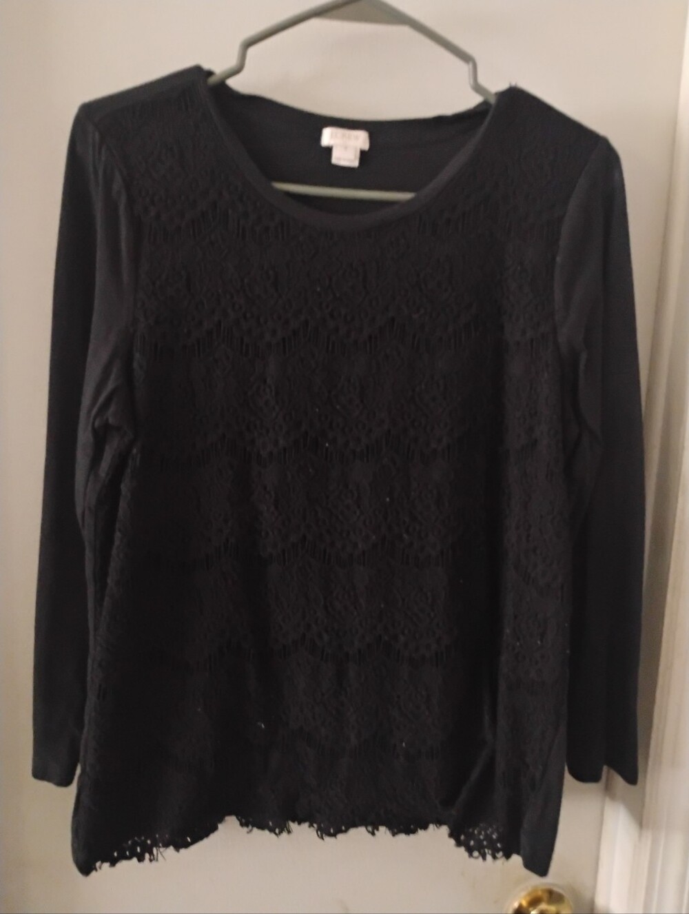 J.Crew Black Long Sleeve Top Sheer Front Lace Overlay Blouse Size M
